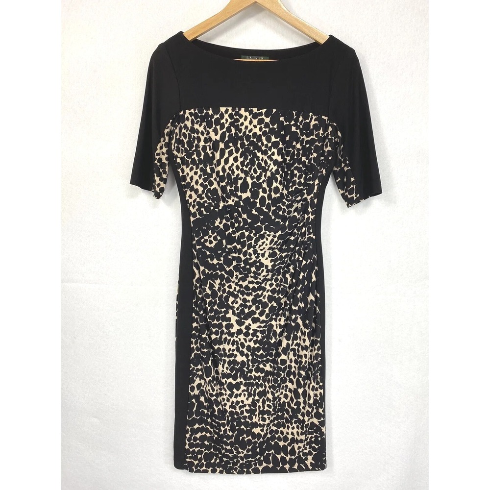 Lauren Ralph Lauren Dress 4 Animal Print Ruched Sheath Half Sleeve Stretch Lined